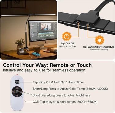 OUTON LED лампа настільна з двома головками, 85.5 см, USB-A & C, регульована яскравість 1600LM, 5 температур кольору, таймер, кріплення, для офісу та дому, чорний