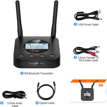 1Mii Bluetooth 5.2 Передавач для ТВ з aptX HD та низькою затримкою, велика дальність дії, аудіоадаптер для 2 навушників або динаміків, 3,5mm AUX/Оптичний/Коаксіальний вихід, регулювання гучності (B06TX+)