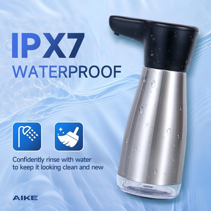 AIKE Automatic Soap Dispenser, Stainless Steel, 420 ml Rechargeable Soap Dispenser with USB Magnetic Connector, Soap Dispenser for Kitchen and Bathroom, IPX7 Waterproof