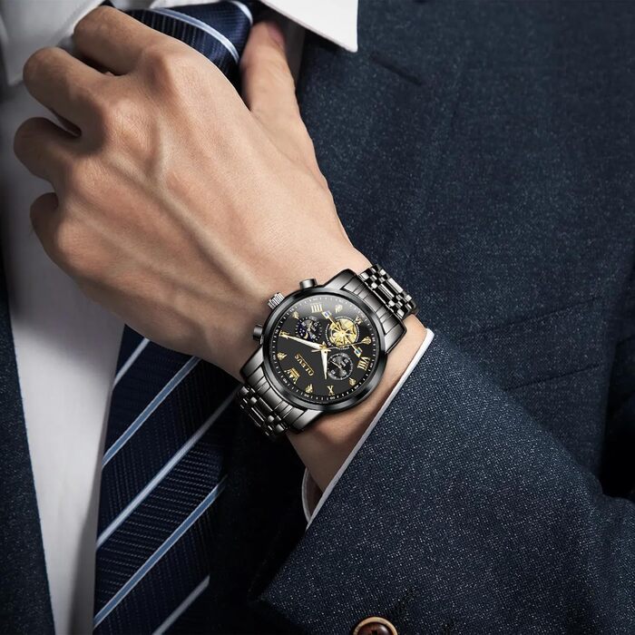 Годинник чоловічий OLEVS Chronograph, водонепроникний, аналоговий кварц, стильний, бізнес, з підсвічуванням, сталевий, великий циферблат (2856-чорний циферблат/чорний ремінець)