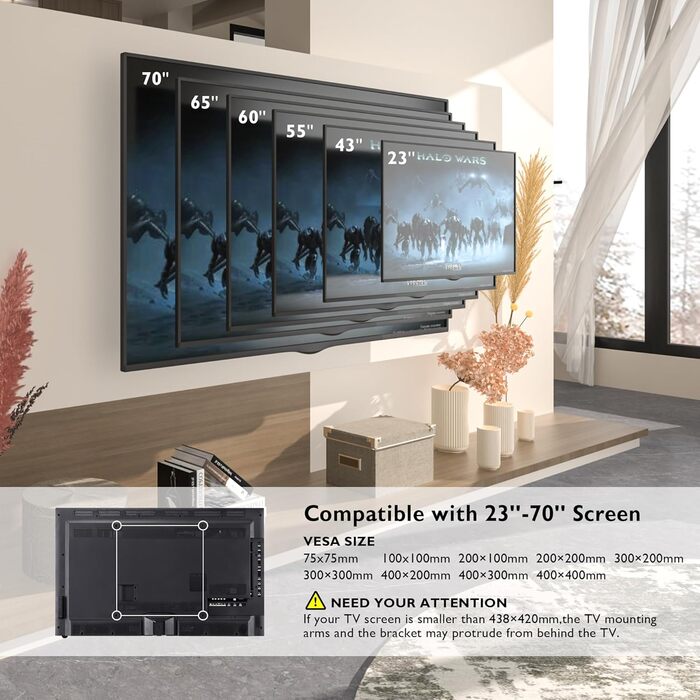 BONTEC Swivel & Tilt TV Wall Mount - Full Motion for 23-70 inch LCD LED Curved TVs & Monitors (up to 45kg, VESA 400x400mm)