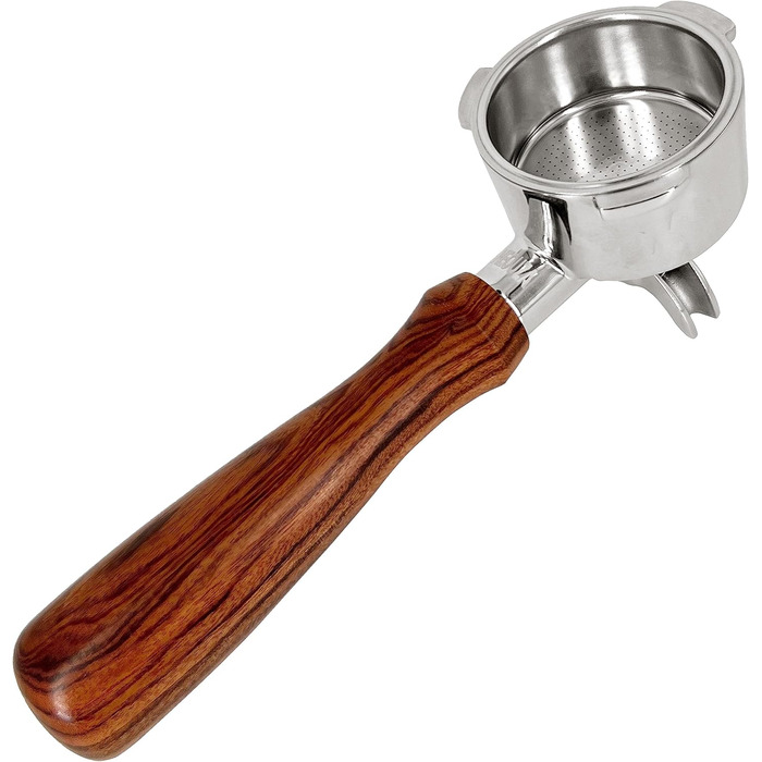 NEOUZA Bottomless Portafilter, 51mm, compatible with Swan Retro, Swan Nordic, Breville VCF149, Gevi, Oster Nova PrimaLatte espresso machines with stainless steel replacement filter basket, wooden handle (dual spout)