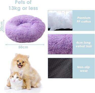 М'яке ліжко для котів та собак 50x50 см, кругла, плюшеве, з подушкою, для маленьких тварин, кольору імбирь (фіолетовий)