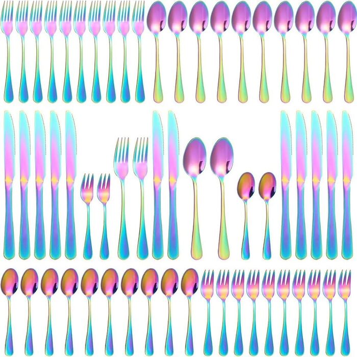 Набір столових приборів на 12 осіб, 60 предметів, чорний, з нержавіючої сталі, з високим блиском, придатний для миття в посудомийній машині, елегантний, з ножем, виделкою, ложкою, для дому, вечірки, ресторану