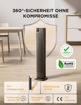 Електричний обігрівач Midea Ceramic 2000W з термостатом, 3 режими, таймер 24 год, захист від перегріву та перекидання, миттєве тепло для офісу та спальні (сірий, 76 см)