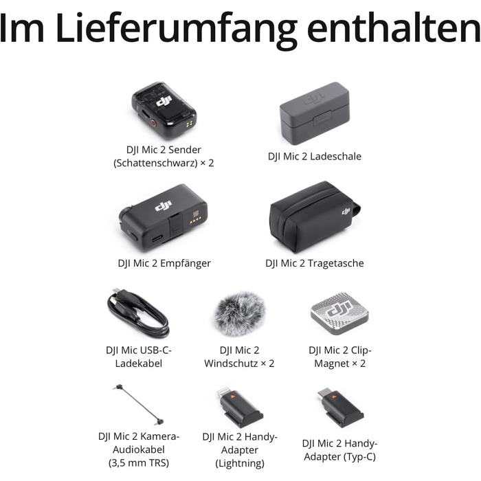 DJI Mic 2: Бездротовий мікрофон-петличка (2 передавача + 1 приймач + зарядна станція) для камери, смартфона, влогів, з шумозаглушенням, 48 кГц, 32-біт Float, 250 м радіус дії