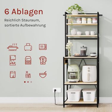 Кухонна полиця WOLTU з 6 ярусами, з розетками, для мікрохвильової печі, з металевим каркасом, регульовані полиці, Чорний+Рустикальний коричневий, 60 x 167 x 40 см