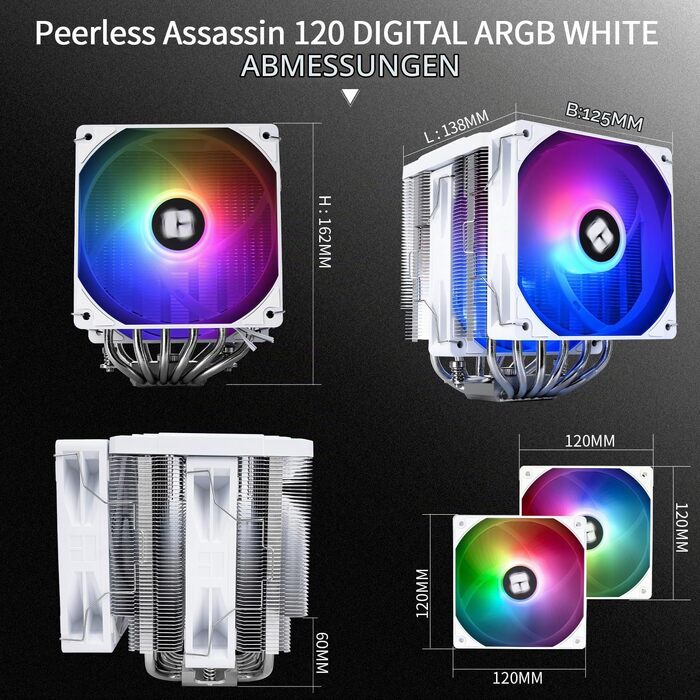 Кулер для процесора Thermalright Peerless Assassin 120 Digital ARGB White — двовежевий повітряний охолоджувач з цифровим дисплеєм, для AM4/AM5, Intel LGA1851/1700/1200