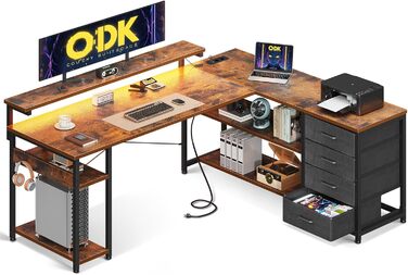 Стіл письмовий ODK L-подібний з шухлядами, 2 розетки та 2 USB, LED, 155x110 см (Vintage-brown)