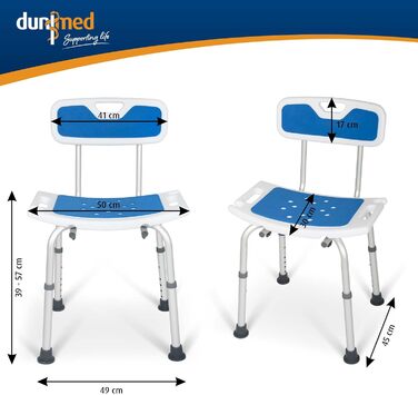 Dunimed Душовий стілець з спинкою, регульований по висоті 39-57 см, з антиковзним сидінням і спинкою, білий, для ванної кімнати