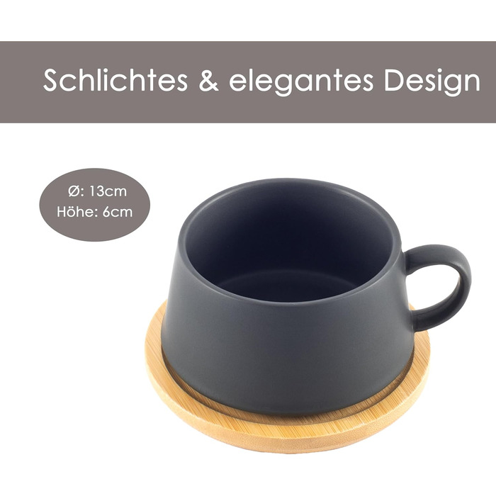 Набір кавових чашок 6 шт. об'ємом 360 мл, кераміка преміум-якості, велика ручка, для кави та чаю, чорний колір з підставками, 4 шт.