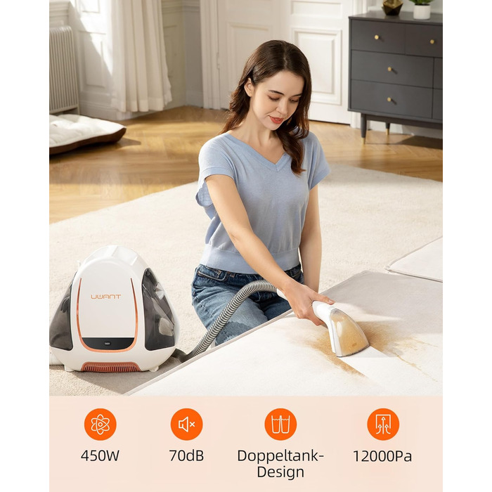 UWANT Теперішній пилосос для миття килимів, для диванів, килимів, м'яких меблів, мокрий/сухий пилосос з потужною потужністю всмоктування 12000Pa, 60dB, B100-s