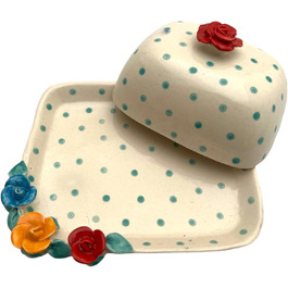 Ceramic butter dish with lid, colorful, hand-painted (dotted red rose)