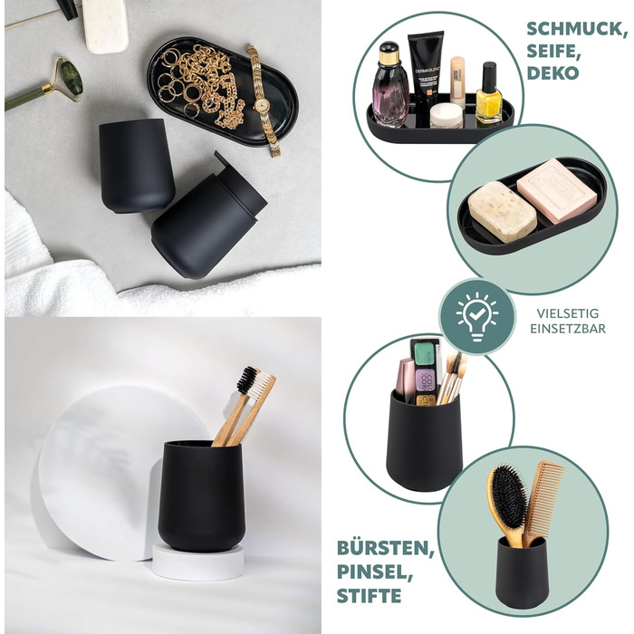 Набір аксесуарів для ванної кімнати Eluno Tesero, 3 шт. (дозатор мила, стакан, миска), чорний пластик
