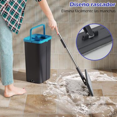 Набір для миття підлоги Wischmopp з відром, мікрофібра, віджимний механізм, 2 в 1, регульована ручка, 6 мікрофібрових насадок, сірий + блакитний