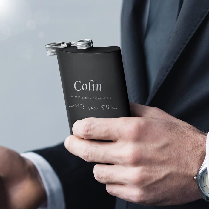 Набір Maverton Flachmann Set: фляга 200 мл з гравіюванням + 4 склянки для шнапсу 20 мл та воронка - фляга для чоловіків, матовий чорний колір