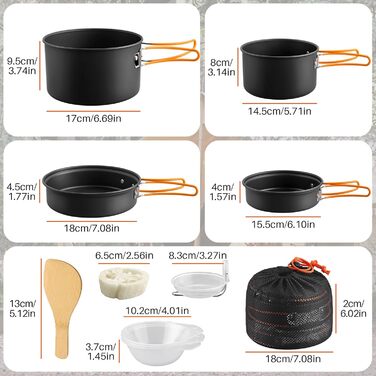 Набір посуду для кемпінгу FunyKich 17 предметів: каструлі, сковорідки, чашки, столові прибори. Підходить для 2 осіб, пікніків та походів.