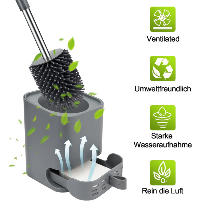 Силіконова щітка для туалету Glowbal з контейнером, швидковисихаюча, для ванної кімнати, монтаж на стіну або стоячи, білий/сірий колір