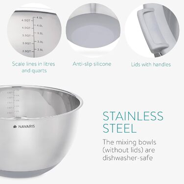 Navaris Stainless Steel Bowl Set with Lid - 2x Mixing Bowls Salad Bowls - Includes 3x Graters - Stainless Steel Bowl Set in Grey
