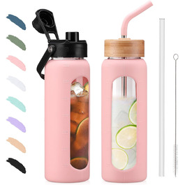 BLUEGO Glass Water Bottle - Sport Water Bottle with 2 Lids and Straw Leak-Proof Glass Bottle with Time Marker and Measuring Scale BPA Free, (Pink, 700ml)