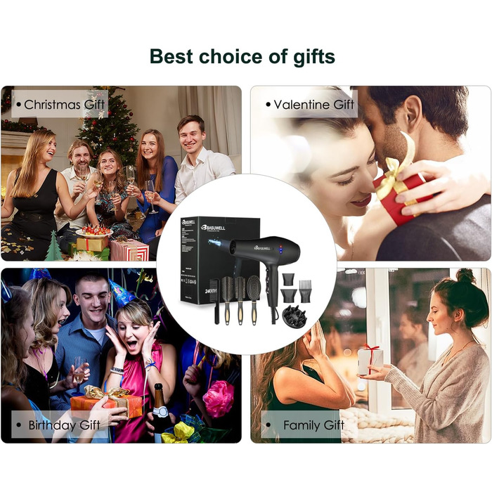 Фен Basuwell Ionen Pro 2100W: Професійний фен для салону краси з іонізацією, 3 режими нагріву, 2 швидкості, насадка-дифузор, AC-двигун, чорний