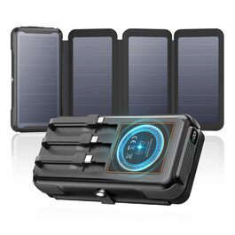 Портативний зарядний акумулятор A ADDTOP Solar 25000mAh з сонячною панеллю та 3 кабелями - 20W швидка зарядка, USB-C, для кемпінгу та подорожей (Чорний)