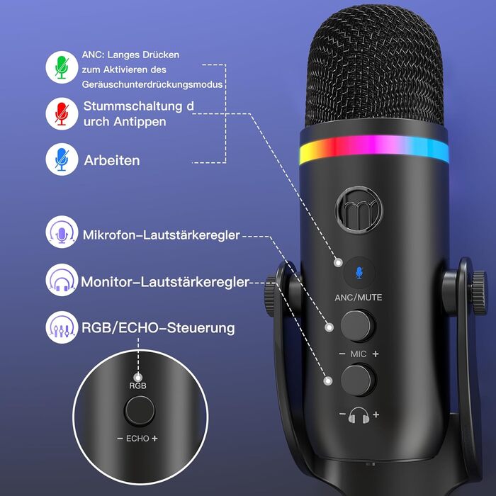 USB мікрофон Zealsound RGB для ПК, iPhone, стримінгу, YouTube, Discord, PS5, Mac. Підтримка USB-C та Lightning, шумозаглушення, Plug & Play