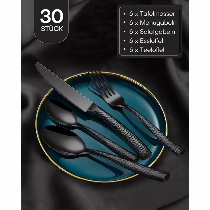 30-Piece Cutlery Set for 6 People, Black, Thickened Stainless Steel Cutlery Set with Hammered Handle, Eating Cutlery Set with Knife, Fork, and Spoon, Mirror Polished, Dishwasher Safe