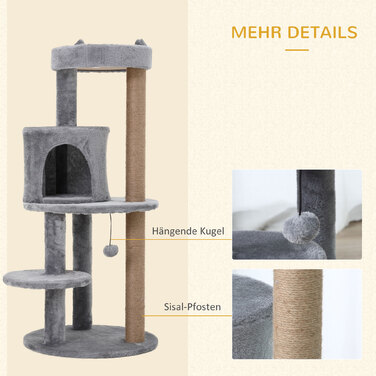 PawHut Multi-Level Cat Tree with Cave, Perches, and Scratching Posts - Large, Stable, and Luxurious with Sisal and Plush Fabric - Gray, 48x48x104 cm