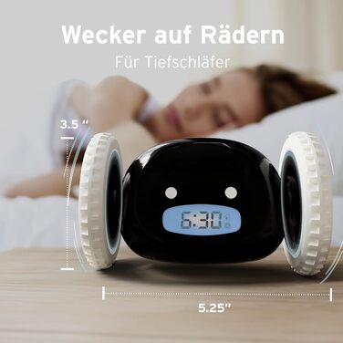 Clocky Loud Alarm Clock - Digital Alarm Clock, Loud for Deep Sleepers, Adults, Teens, Funny, Hard of Hearing, Heavy Sleepers, on Wheels, Runs Away, Driving, Jumping, Rolling Away, Funny Gift (Schwartz)