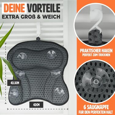 Bathtub Pillow – [TESTED QUALITY] - includes 6 extra strong suction cups – bath pillow with ergonomic fit for neck and back – high-quality neck pillow – [INCLUDES extra carrying bag] (Gray)