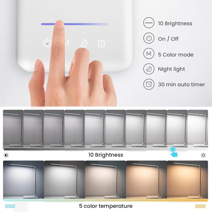 LED лампа настільна диммерна 560LM - офісна лампа з 5 режимами кольору та 10 рівнями яскравості, з нічним світлом, USB-портом, функцією пам'яті та таймером, 10W - білий (адаптер 24w - сріблястий)