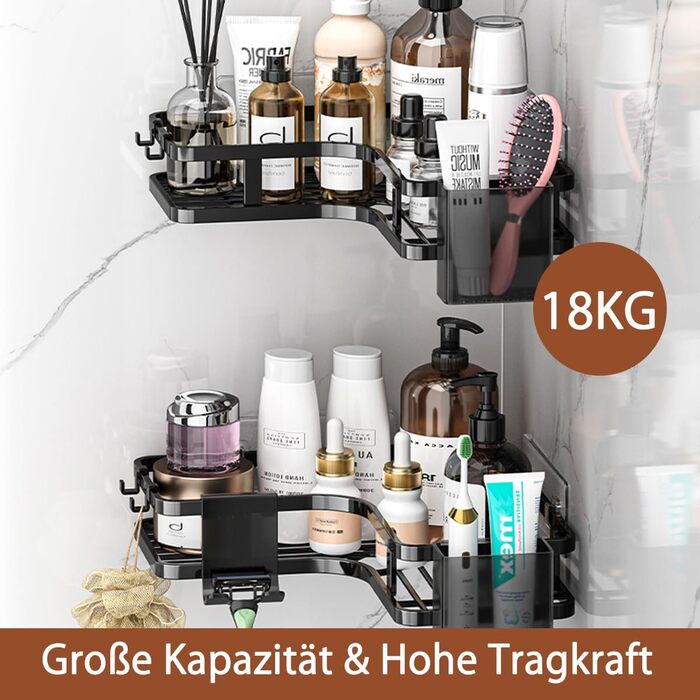 Поличка для душу без свердління, кутова, 2 шт. Органайзер для ванної кімнати з 4 гачками, чорний. Поличка для шампуню в душ, аксесуари для душу