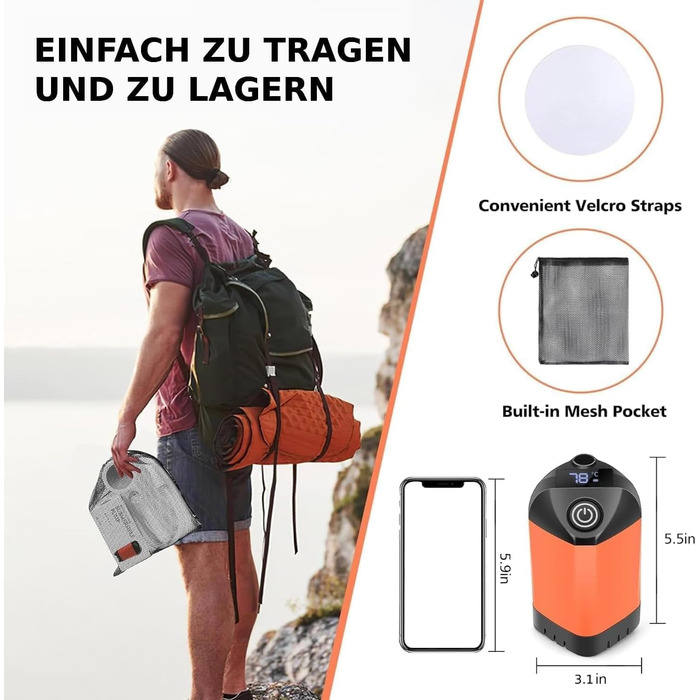 Портативний душ для кемпінгу Leise з акумулятором 7800mAh, USB-C, 3 режими, LED-дисплей, помаранчевий