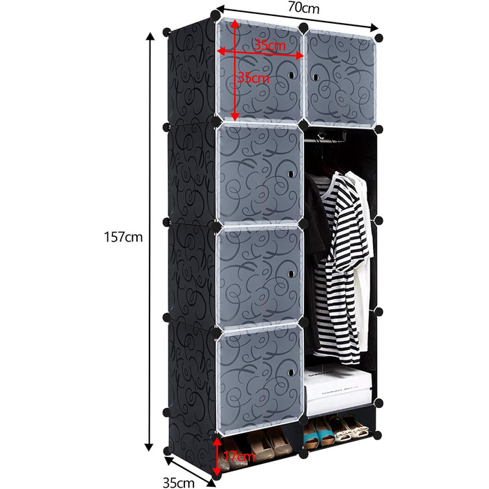 DIY Shoe Cabinet Shoe Shelf, Shelf System Shoe Storage Shelves for Clothes, Shoes, Toys, and Books 111cm x 37cm x 147cm (Black with Door) (8 Boxes)
