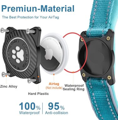 Світловідбиваючий нашийник для собак AirTag, водонепроникний, для середніх та великих собак, розмір M (35.5-44 см), блакитний