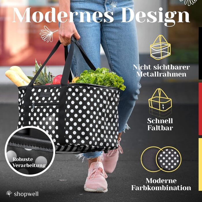 Foldable Shopping Basket in Premium Quality | Shopping Bag with Soft PU Leather Handle | Ideal Shopping Basket with 30 Liter Capacity | Sturdy & Secure Shopping Bag (Black/White Dotted)