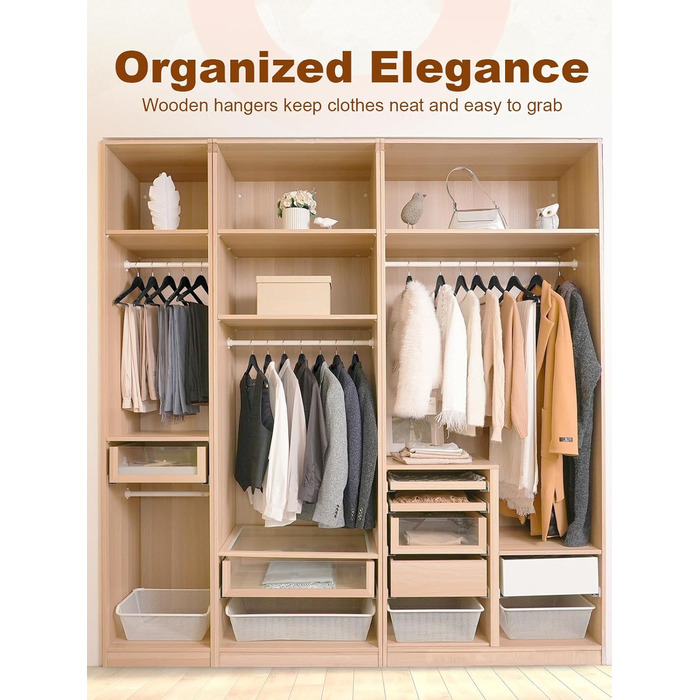 Дерев'яні вішалки для одягу HOUSE DAY, 20 шт., чорного кольору, широкі (44,5 см), з натурального дерева, обертаються, для сорочок, костюмів та курток