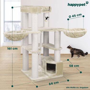 Котячий будиночок HappyPet 'Оскар' для великих котів - преміум якість, 161 см, 47 кг, товсті стовпчики 12 см, плюш 600 г, сертифіковане дерево, кремовий колір