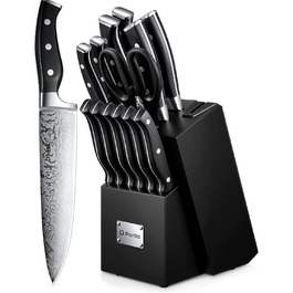 D.Perlla Self-Sharpening Knife Block Set - 14 Piece Stainless Steel Knife Set with Plastic Handle & Wood Block - Professional Kitchen Knife Set
