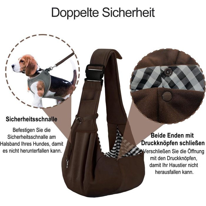 PetLoft Сумка-переноска для собак, реверсивна, регульована, крос-боді, з кріпленням для нашийника (колір: коричневий)