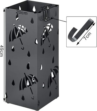 WOLTU Iron Umbrella Stand - Rectangular, 20x20x49cm - with Water Tray & 4 Hooks - Anthracite SST02an