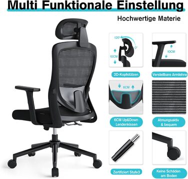 Ергономічне крісло для офісу з регульованою поперековою підтримкою, 2D підголівником та підлокітниками, поворотне, до 150 кг, чорний колір, нейлон