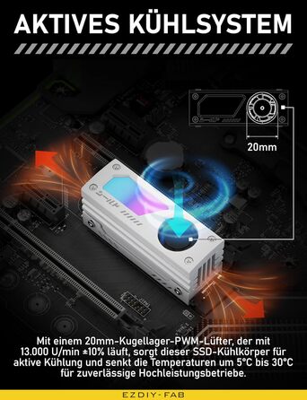 Охолоджувач SSD M.2 EZDIY-FAB Shield ARGB з 20мм вентилятором PWM, преміум-алюмінієвий дизайн, підтримка ARGB 5V 3-Pin, для M.2 2280, чорний, 1 шт.