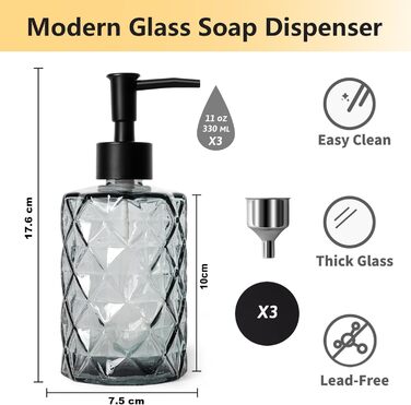 Набір з 3 скляних дозаторів для мила Omtofo, 330 мл, чорний, з нержавіючою сталею, для ванної кімнати