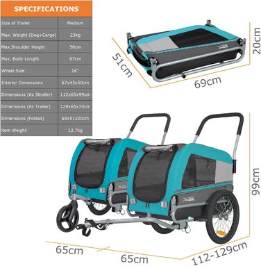 Універсальний візок-перевозник для собак Tiggo VS Pets Medium: велосипедний, буксирний, для джогінгу, блакитний