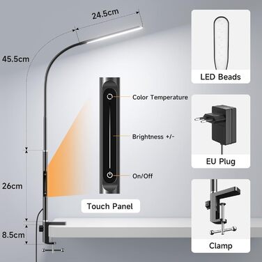 LED лампа для столу з кріпленням, регульоване затемнення, архітектурна лампа, лампа для офісу з регульованим кріпленням, пульт дистанційного керування, 4 колірні температури, чорний