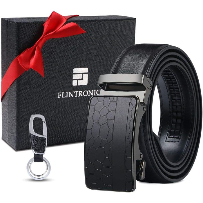 Чоловічий шкіряний ремінь Flintronic з автоматичною пряжкою, ширина 3.5 см, довжина 130 см, чорний (з брелоком та подарунковою коробкою)