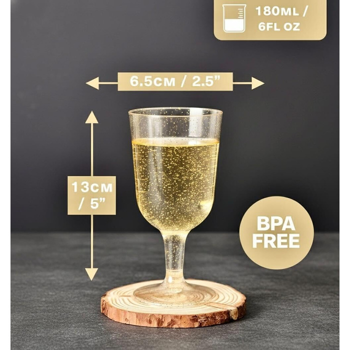 200 склянок для вина MATANA з пластику з золотим блиском (180 мл) – багаторазові келихи для вина, коктейлів, десертів, вечірок, весіль, днів народжень, 200 шт.