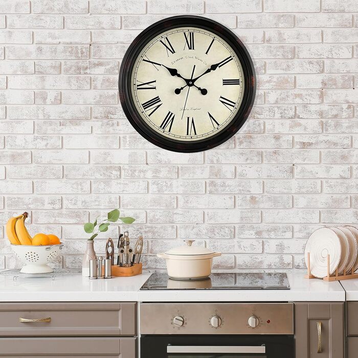 DIYZON Round Classic Wall Clock, Silent Non-Ticking, 40 cm High-Quality Quartz Vintage Clock, Large Number Retro Decorative Clock, Battery Operated, Easy to Read for Home, Kitchen, Dining Room (Black Brown, 40CM)